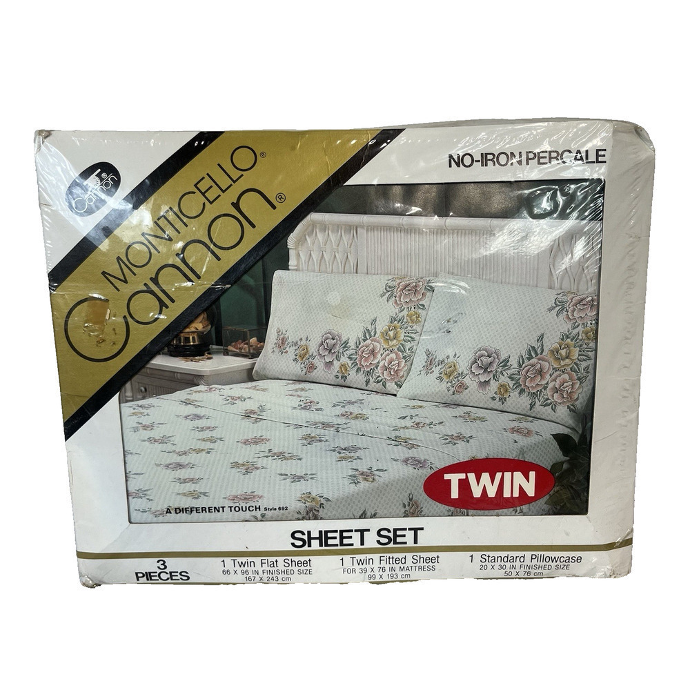 Vintage Monticello Cannon 3pc Twin Sheet Set Pillowcase Orange Yellow Floral 692